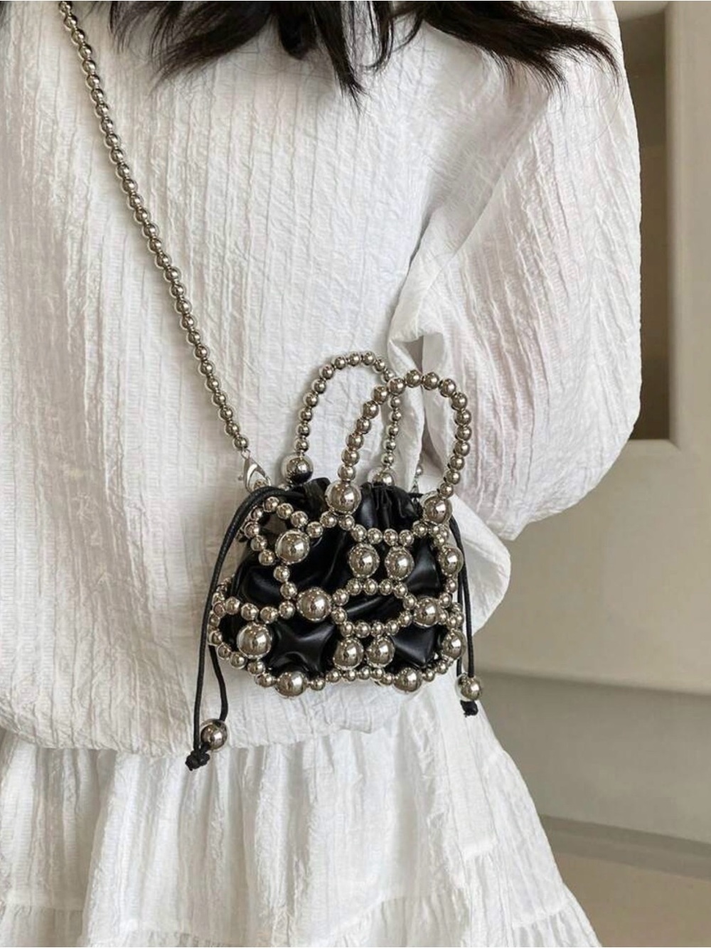 Black Mini Crossbody Bag with Silver Beaded Strap